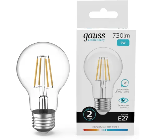Лампа филам. Gauss Filament 9Вт цок.:E27 груша св.свеч.бел.нейт. (упак.:10шт) (22229) Лампа филам. Gauss Filament 9Вт цок.:E27 груша св.свеч.бел.нейт. (упак.:10шт) (22229)