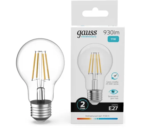 Лампа филам. Gauss Filament 11Вт цок.:E27 груша св.свеч.бел.нейт. (упак.:10шт) (22221) Лампа филам. Gauss Filament 11Вт цок.:E27 груша св.свеч.бел.нейт. (упак.:10шт) (22221)