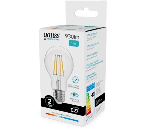 Лампа филам. Gauss Filament 11Вт цок.:E27 груша св.свеч.бел.нейт. (упак.:10шт) (22221) Лампа филам. Gauss Filament 11Вт цок.:E27 груша св.свеч.бел.нейт. (упак.:10шт) (22221)