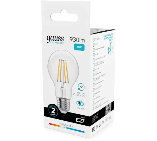 Лампа филам. Gauss Filament 11Вт цок.:E27 груша св.свеч.бел.нейт. (упак.:10шт) (22221) Лампа филам. Gauss Filament 11Вт цок.:E27 груша св.свеч.бел.нейт. (упак.:10шт) (22221)