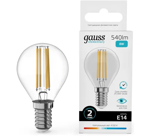 Лампа филам. Gauss Filament 8Вт цок.:E14 шар св.свеч.бел.нейт. (упак.:10шт) (52128)