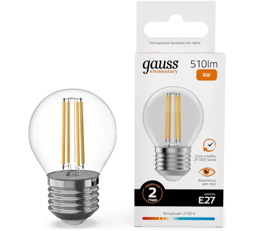 Лампа филам. Gauss Filament 8Вт цок.:E27 шар св.свеч.бел.теп. (упак.:10шт) (52218) Лампа филам. Gauss Filament 8Вт цок.:E27 шар св.свеч.бел.теп. (упак.:10шт) (52218)