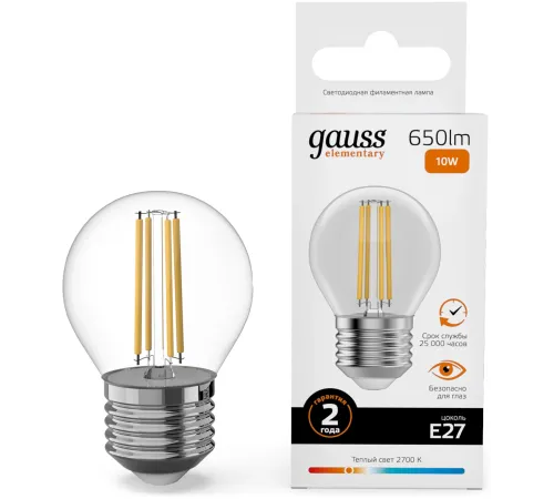 Лампа филам. Gauss Filament 10Вт цок.:E27 шар св.свеч.бел.теп. (упак.:10шт) (52210) Лампа филам. Gauss Filament 10Вт цок.:E27 шар св.свеч.бел.теп. (упак.:10шт) (52210)