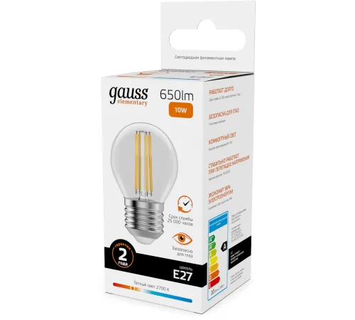 Лампа филам. Gauss Filament 10Вт цок.:E27 шар св.свеч.бел.теп. (упак.:10шт) (52210) Лампа филам. Gauss Filament 10Вт цок.:E27 шар св.свеч.бел.теп. (упак.:10шт) (52210)
