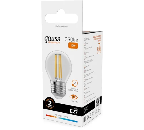 Лампа филам. Gauss Filament 10Вт цок.:E27 шар св.свеч.бел.теп. (упак.:10шт) (52210) Лампа филам. Gauss Filament 10Вт цок.:E27 шар св.свеч.бел.теп. (упак.:10шт) (52210)