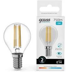 Лампа филам. Gauss Filament 12Вт цок.:E14 шар св.свеч.бел.нейт. (упак.:10шт) (52122)