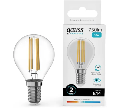 Лампа филам. Gauss Filament 12Вт цок.:E14 шар св.свеч.бел.нейт. (упак.:10шт) (52122) Лампа филам. Gauss Filament 12Вт цок.:E14 шар св.свеч.бел.нейт. (упак.:10шт) (52122)