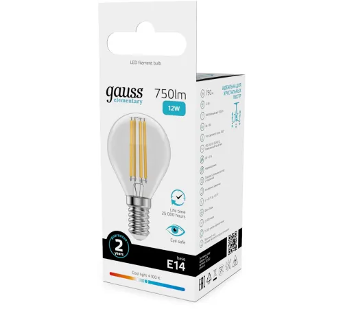Лампа филам. Gauss Filament 12Вт цок.:E14 шар св.свеч.бел.нейт. (упак.:10шт) (52122) Лампа филам. Gauss Filament 12Вт цок.:E14 шар св.свеч.бел.нейт. (упак.:10шт) (52122)