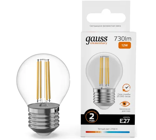 Лампа филам. Gauss Filament 12Вт цок.:E27 шар св.свеч.бел.теп. (упак.:10шт) (52212) Лампа филам. Gauss Filament 12Вт цок.:E27 шар св.свеч.бел.теп. (упак.:10шт) (52212)