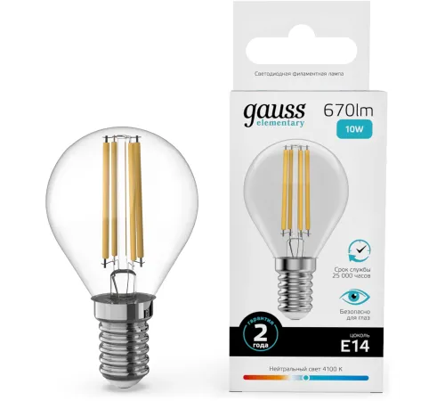Лампа филам. Gauss Filament 10Вт цок.:E14 шар св.свеч.бел.нейт. (упак.:10шт) (52120)