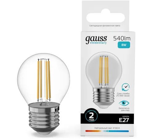 Лампа филам. Gauss Filament 8Вт цок.:E27 шар св.свеч.бел.нейт. (упак.:10шт) (52228)