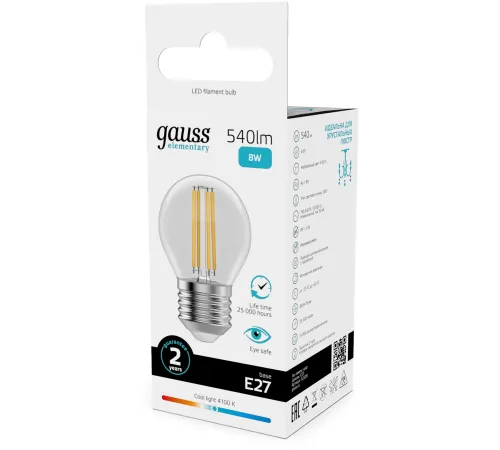 Лампа филам. Gauss Filament 8Вт цок.:E27 шар св.свеч.бел.нейт. (упак.:10шт) (52228)