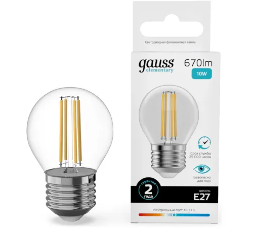 Лампа филам. Gauss Filament 10Вт цок.:E27 шар св.свеч.бел.нейт. (упак.:10шт) (52220)