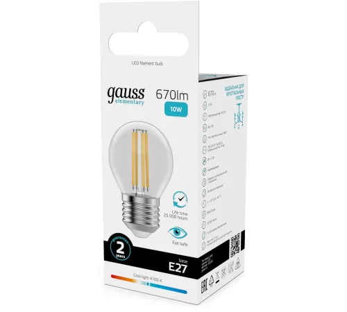 Лампа филам. Gauss Filament 10Вт цок.:E27 шар св.свеч.бел.нейт. (упак.:10шт) (52220)