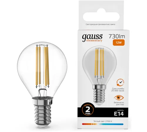 Лампа филам. Gauss Filament 12Вт цок.:E14 шар св.свеч.бел.теп. (упак.:10шт) (52112) Лампа филам. Gauss Filament 12Вт цок.:E14 шар св.свеч.бел.теп. (упак.:10шт) (52112)