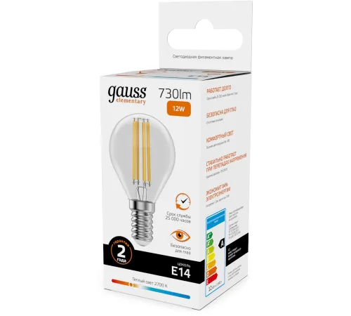 Лампа филам. Gauss Filament 12Вт цок.:E14 шар св.свеч.бел.теп. (упак.:10шт) (52112) Лампа филам. Gauss Filament 12Вт цок.:E14 шар св.свеч.бел.теп. (упак.:10шт) (52112)