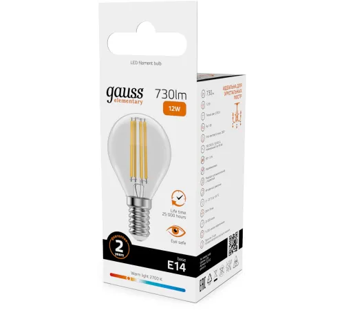 Лампа филам. Gauss Filament 12Вт цок.:E14 шар св.свеч.бел.теп. (упак.:10шт) (52112) Лампа филам. Gauss Filament 12Вт цок.:E14 шар св.свеч.бел.теп. (упак.:10шт) (52112)