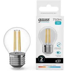 Лампа филам. Gauss Filament 12Вт цок.:E27 шар св.свеч.бел.нейт. (упак.:10шт) (52222)
