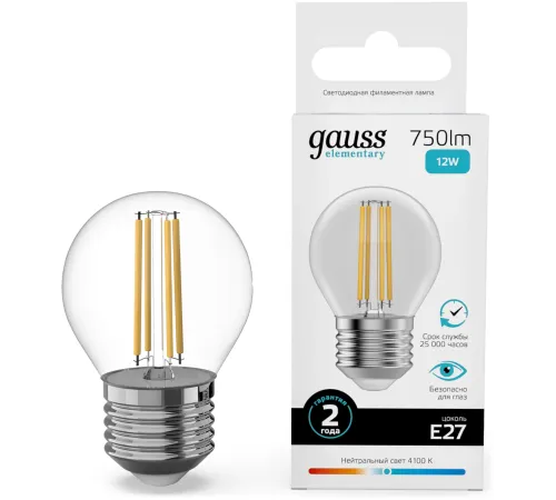 Лампа филам. Gauss Filament 12Вт цок.:E27 шар св.свеч.бел.нейт. (упак.:10шт) (52222)