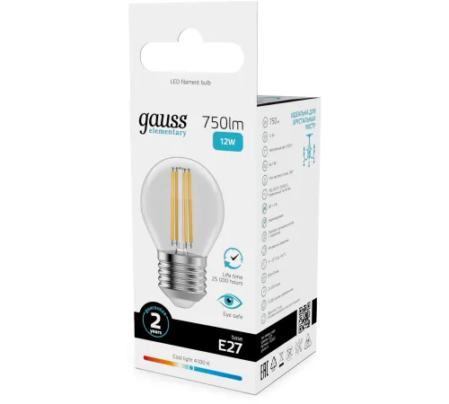 Лампа филам. Gauss Filament 12Вт цок.:E27 шар св.свеч.бел.нейт. (упак.:10шт) (52222)