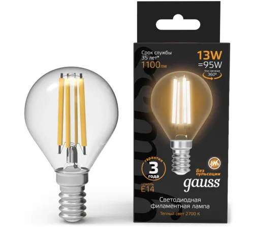Лампа филам. Gauss Filament 13Вт цок.:E14 шар св.свеч.бел.теп. (упак.:10шт) (105801113) Лампа филам. Gauss Filament 13Вт цок.:E14 шар св.свеч.бел.теп. (упак.:10шт) (105801113)