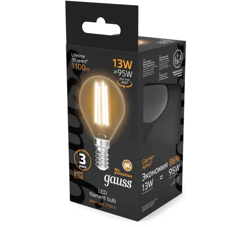 Лампа филам. Gauss Filament 13Вт цок.:E14 шар св.свеч.бел.теп. (упак.:10шт) (105801113) Лампа филам. Gauss Filament 13Вт цок.:E14 шар св.свеч.бел.теп. (упак.:10шт) (105801113)