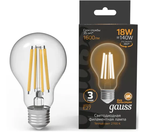 Лампа филам. Gauss Filament 18Вт цок.:E27 груша св.свеч.бел.теп. (упак.:10шт) (102902118) Лампа филам. Gauss Filament 18Вт цок.:E27 груша св.свеч.бел.теп. (упак.:10шт) (102902118)