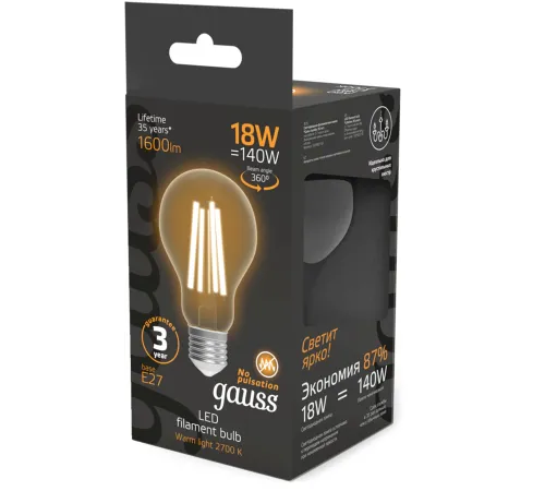 Лампа филам. Gauss Filament 18Вт цок.:E27 груша св.свеч.бел.теп. (упак.:10шт) (102902118) Лампа филам. Gauss Filament 18Вт цок.:E27 груша св.свеч.бел.теп. (упак.:10шт) (102902118)