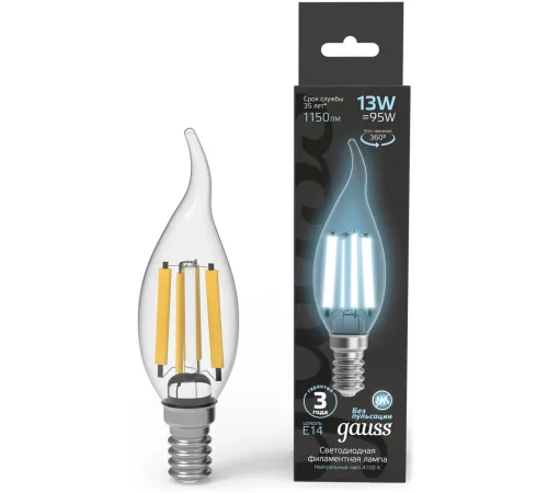 Лампа филам. Gauss Filament 13Вт цок.:E14 свеча св.свеч.бел.нейт. (упак.:10шт) (104801213) Лампа филам. Gauss Filament 13Вт цок.:E14 свеча св.свеч.бел.нейт. (упак.:10шт) (104801213)