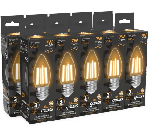 Лампа филам. Gauss Filament 7Вт цок.:E27 свеча св.свеч.бел.теп. (упак.:10шт) (103802107) Лампа филам. Gauss Filament 7Вт цок.:E27 свеча св.свеч.бел.теп. (упак.:10шт) (103802107)