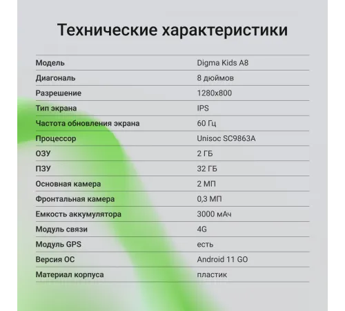 Планшет Digma Kids A8 SC9863A (1.6) 8C RAM2Gb ROM32Gb 8" IPS 1280x800 4G 1Sim Android 11.0 Go розовый 2Mpix 0.3Mpix BT WiFi microSD 512Gb 3000mAh Планшет Digma Kids A8 SC9863A (1.6) 8C RAM2Gb ROM32Gb 8" IPS 1280x800 4G 1Sim Android 11.0 Go розовый 2Mpix 0.3Mpix BT WiFi microSD 512Gb 3000mAh