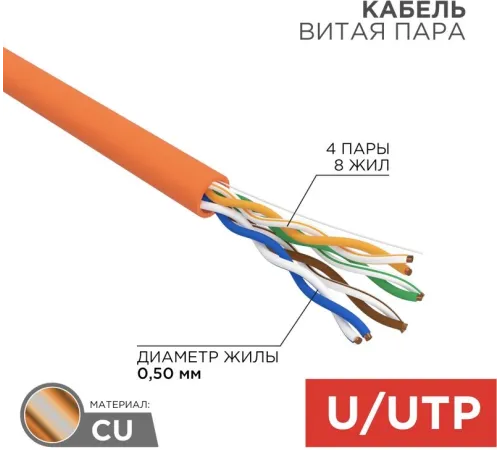 Кабель информационный Rexant 01-0049 кат.5E U/UTP 4X2X24AWG LSZH внутренний 305м оранжевый Кабель информационный Rexant 01-0049 кат.5E U/UTP 4X2X24AWG LSZH внутренний 305м оранжевый