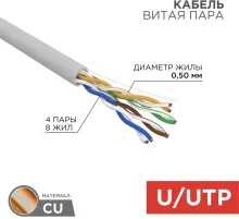 Кабель информационный Rexant 01-0069 кат.5E U/UTP 4X2X24AWG LSZH внутренний 305м серый