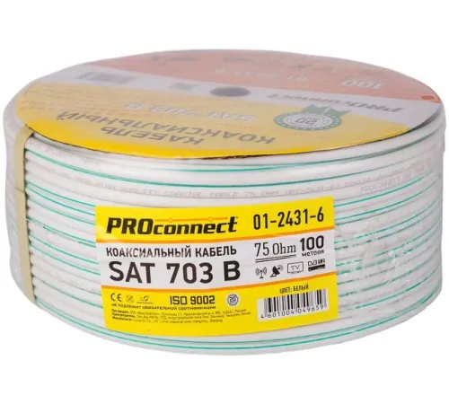 Кабель коаксиальный PROconnect 01-2431-6 SAT 703 F/UTP 75Om PVC внутренний 100м белый Кабель коаксиальный PROconnect 01-2431-6 SAT 703 F/UTP 75Om PVC внутренний 100м белый