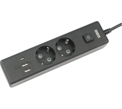 PowerCube Бытовой удлинитель (PC-1B-2M) 2р с/з вык.,3USB, 3500 Вт, 16А, 1.9 м, 3*1,0 (черный) квадрат {22308}