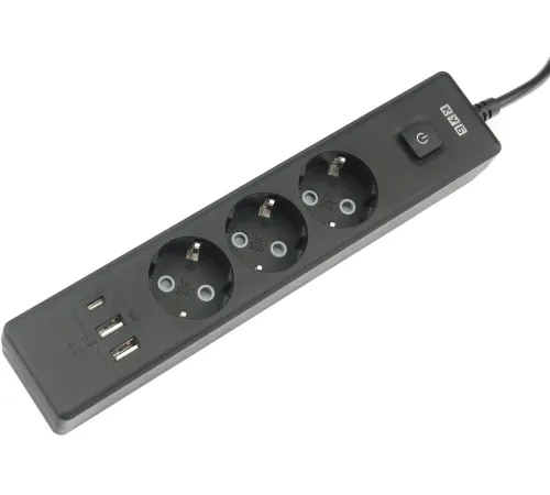 PowerCube Бытовой удлинитель (PC-6B-2M) 3р с/з вык.,3USB, 3500 Вт, 16А, 1.9 м, 3*1,0 (черный) {22310}
