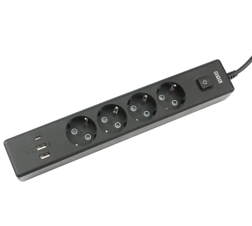 PowerCube Бытовой удлинитель (PC-7B-2M) 4р с/з вык.,3USB, 3500 Вт, 16А, 1.9 м, 3*1,0 (черный) {22313}