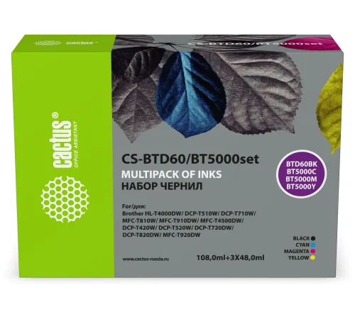 Чернила Cactus CS-BTD60/BT5000set голубой/пурпурный/желтый/черный набор 3x48мл для Brother HL-T4000DW, DCP-T510W, DCP-T710W, MFC-T810W, MFC-T910DW, MFC-T4500DW, DCP-T420W, DCP-T520W, DCP-T720DW, DCP-T820DW, MFC-T920DW