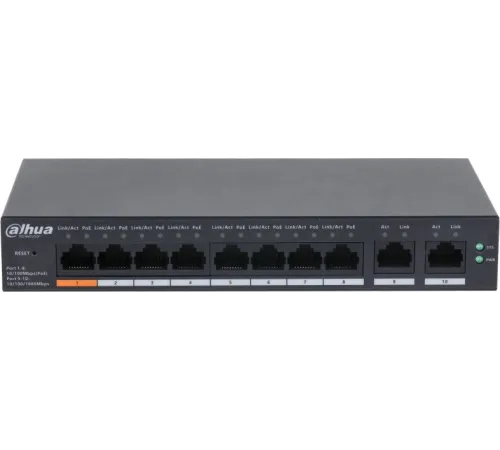 DAHUA DH-CS4010-8ET-60 8-портовый PoE коммутатор с функцией облачного управления L2, 8xRJ45 100Mb PoE, 2xRJ45 1Gb (uplink), суммарно 60Вт, коммутация 4.8 Гб, MAC-таблица 8К, металл