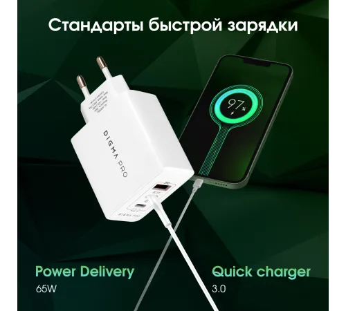 Сетевое зар./устр. Digma Pro DPW6B 65W 3.25A (PD+QC) 2хUSB-C/USB-A универсальное белый (DPW6B5GX12WH) Сетевое зар./устр. Digma Pro DPW6B 65W 3.25A (PD+QC) 2хUSB-C/USB-A универсальное белый (DPW6B5GX12WH)