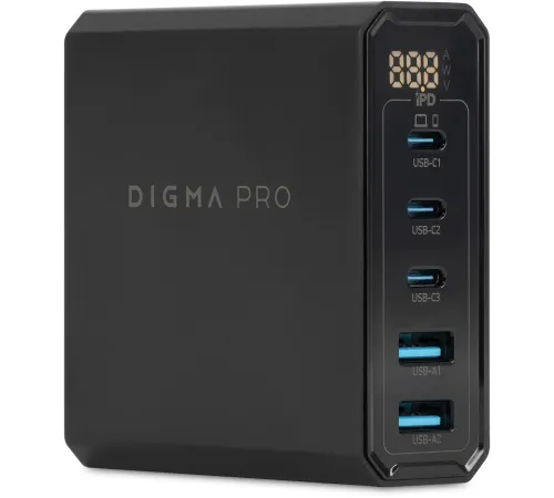 Настольное зар./устр. Digma Pro DPW10A 140W 5A (PD+QC) 3хUSB-C/2xUSB-A универсальное черный (DPW1A4G024BK) Настольное зар./устр. Digma Pro DPW10A 140W 5A (PD+QC) 3хUSB-C/2xUSB-A универсальное черный (DPW1A4G024BK)