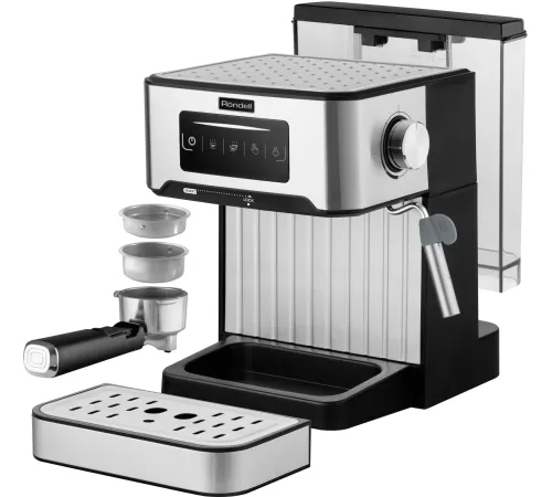 Кофеварка рожковая Rondell RDE-1106 серебристый, исп. кофе - молотый, 1.6 л, 850 Вт, 20 Бар.