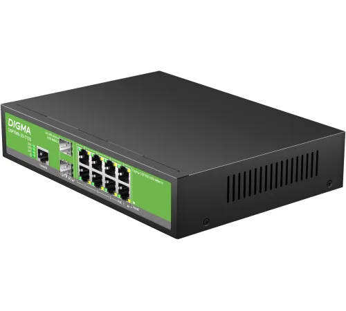 Коммутатор Digma DSP708G-2S-T135 (L2+) 8x1Гбит/с 2SFP 8PoE 8PoE+ 135W управляемый Коммутатор Digma DSP708G-2S-T135 (L2+) 8x1Гбит/с 2SFP 8PoE 8PoE+ 135W управляемый