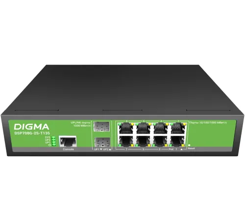 Коммутатор Digma DSP708G-2S-T135 (L2+) 8x1Гбит/с 2SFP 8PoE 8PoE+ 135W управляемый Коммутатор Digma DSP708G-2S-T135 (L2+) 8x1Гбит/с 2SFP 8PoE 8PoE+ 135W управляемый