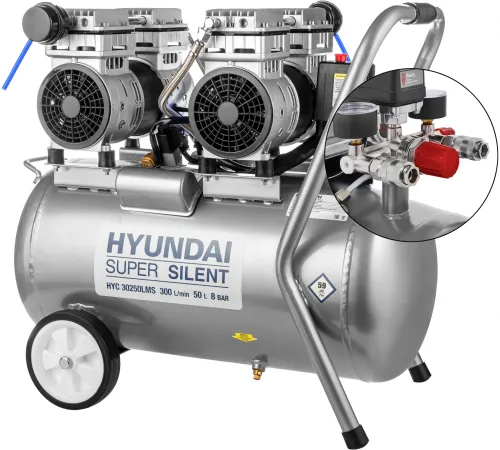 Компрессор поршневой Hyundai HYC 30250LMS безмасляный 300л/мин 50л 2000Вт серебристый/черный Компрессор поршневой Hyundai HYC 30250LMS безмасляный 300л/мин 50л 2000Вт серебристый/черный