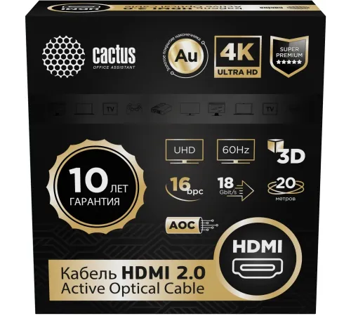 Кабель аудио-видео Cactus CS-HDMI-AOC-2-20 HDMI (m)/HDMI (m) 20м. позолоч.конт. черный Кабель аудио-видео Cactus CS-HDMI-AOC-2-20 HDMI (m)/HDMI (m) 20м. позолоч.конт. черный
