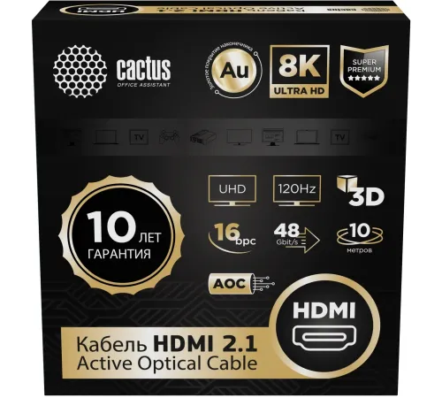 Кабель аудио-видео Cactus CS-HDMI-AOC-2.1-10 HDMI (m)/HDMI (m) 10м. позолоч.конт. черный Кабель аудио-видео Cactus CS-HDMI-AOC-2.1-10 HDMI (m)/HDMI (m) 10м. позолоч.конт. черный