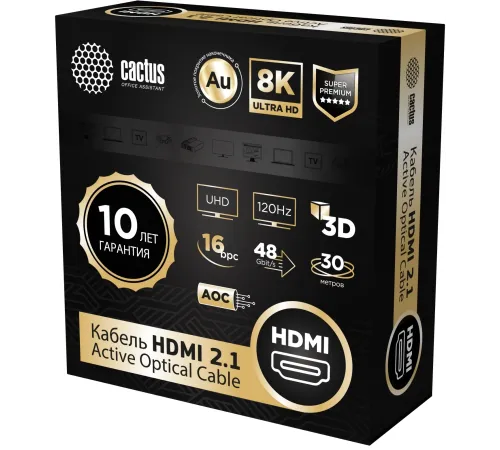 Кабель аудио-видео Cactus CS-HDMI-AOC-2.1-30 HDMI (m)/HDMI (m) 30м. позолоч.конт. черный Кабель аудио-видео Cactus CS-HDMI-AOC-2.1-30 HDMI (m)/HDMI (m) 30м. позолоч.конт. черный