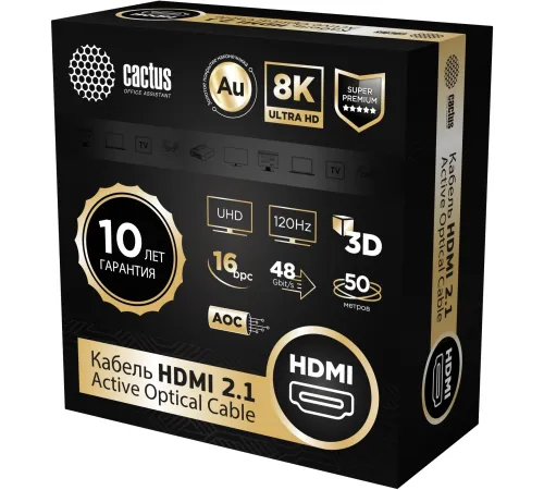 Кабель аудио-видео Cactus CS-HDMI-AOC-2.1-50 HDMI (m)/HDMI (m) 50м. позолоч.конт. черный Кабель аудио-видео Cactus CS-HDMI-AOC-2.1-50 HDMI (m)/HDMI (m) 50м. позолоч.конт. черный
