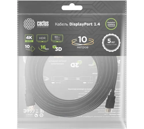 Кабель аудио-видео Cactus CS-DP-DP-1.4-10 DisplayPort (m)/DisplayPort (m) 10м. позолоч.конт. черный Кабель аудио-видео Cactus CS-DP-DP-1.4-10 DisplayPort (m)/DisplayPort (m) 10м. позолоч.конт. черный